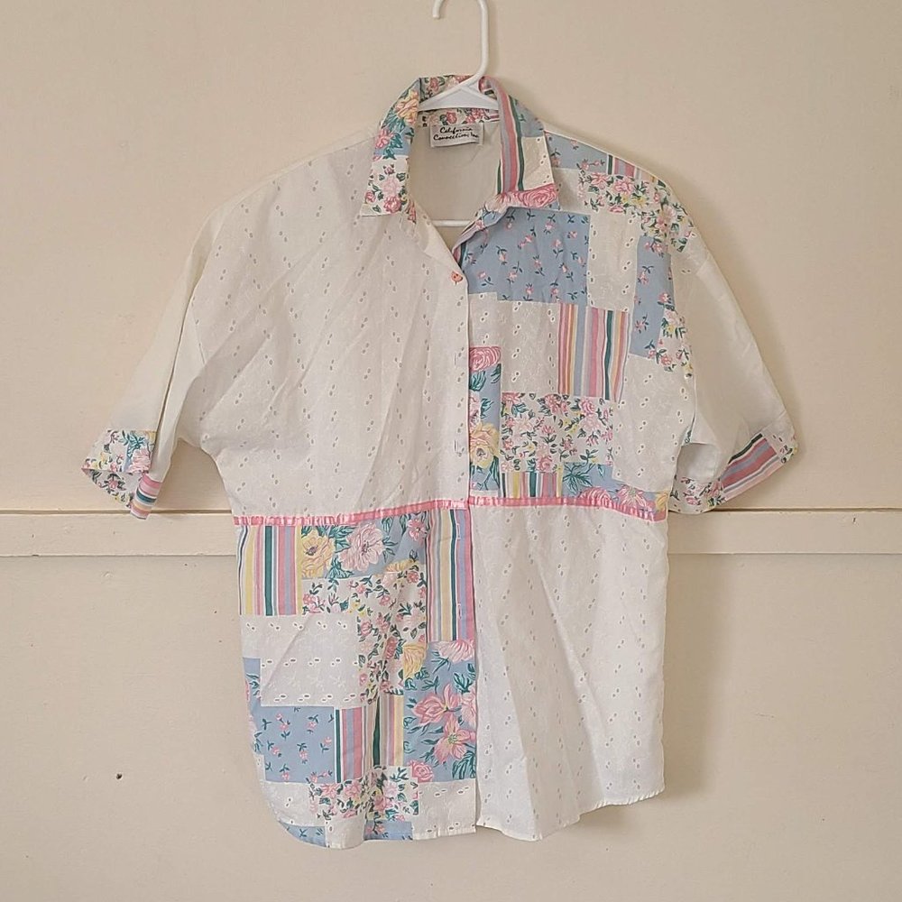 Vintage Floral Lace Button Down Womens M/L Casual Summer Blouse